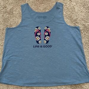 Life Is Good Slate Blue Tank with Floral Flip Flops